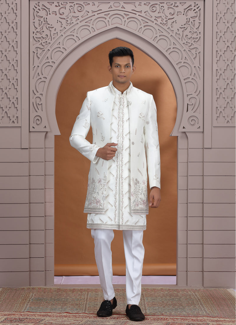 Art Silk White Wedding Wear Embroidery Work Readymade Indo Western Sherwani 386010