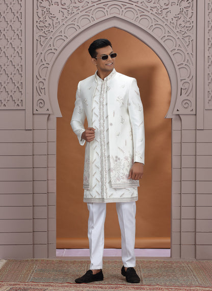 Art Silk White Wedding Wear Embroidery Work Readymade Indo Western Sherwani 386010