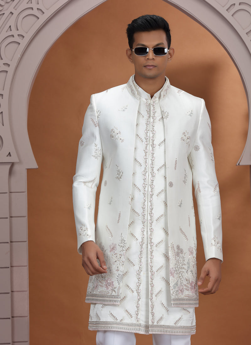 Art Silk White Wedding Wear Embroidery Work Readymade Indo Western Sherwani 386010