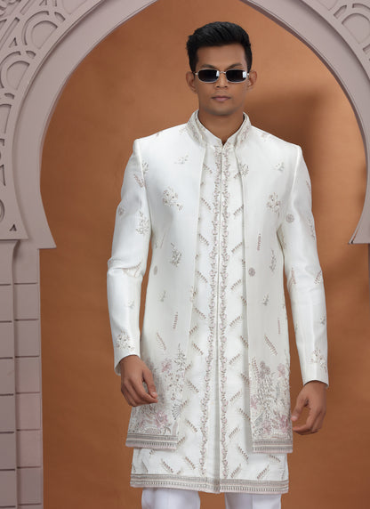 Art Silk White Wedding Wear Embroidery Work Readymade Indo Western Sherwani 386010
