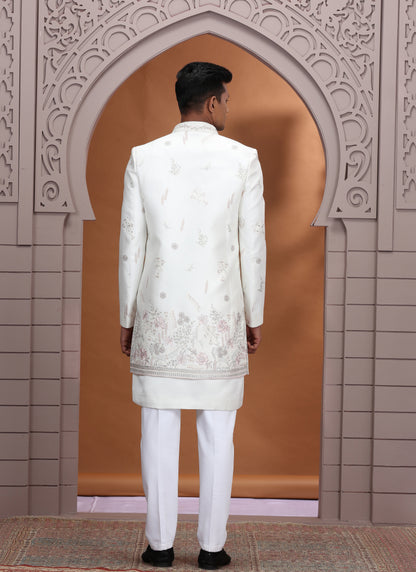 Art Silk White Wedding Wear Embroidery Work Readymade Indo Western Sherwani 386010