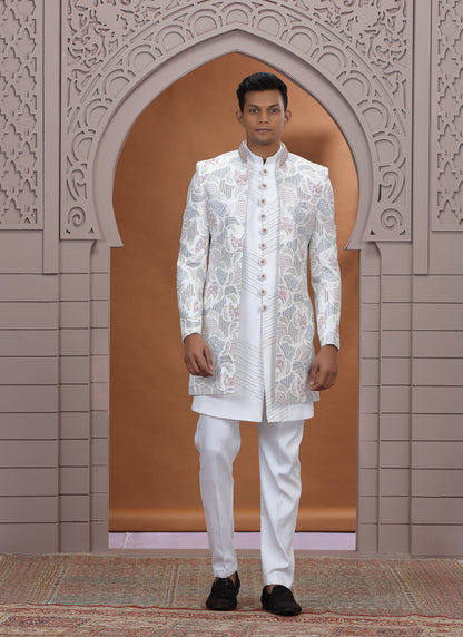 Art Silk White Wedding Wear Embroidery Work Readymade Indo Western Sherwani 386015