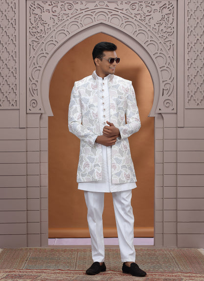 Art Silk White Wedding Wear Embroidery Work Readymade Indo Western Sherwani 386015