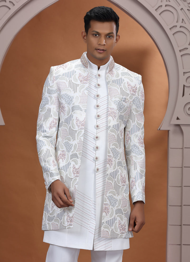 Art Silk White Wedding Wear Embroidery Work Readymade Indo Western Sherwani 386015