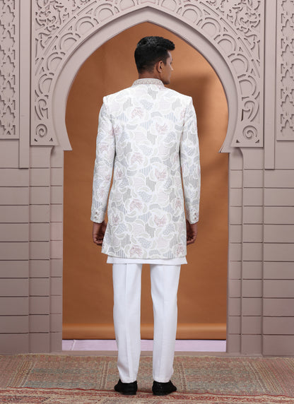 Art Silk White Wedding Wear Embroidery Work Readymade Indo Western Sherwani 386015