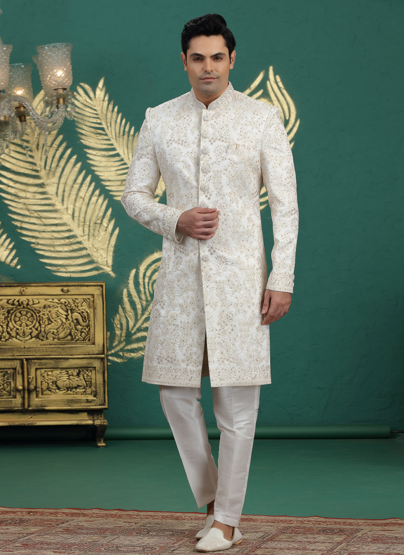 Art Silk White Wedding Wear Hand Embroidery Readymade Groom Sherwani 386000