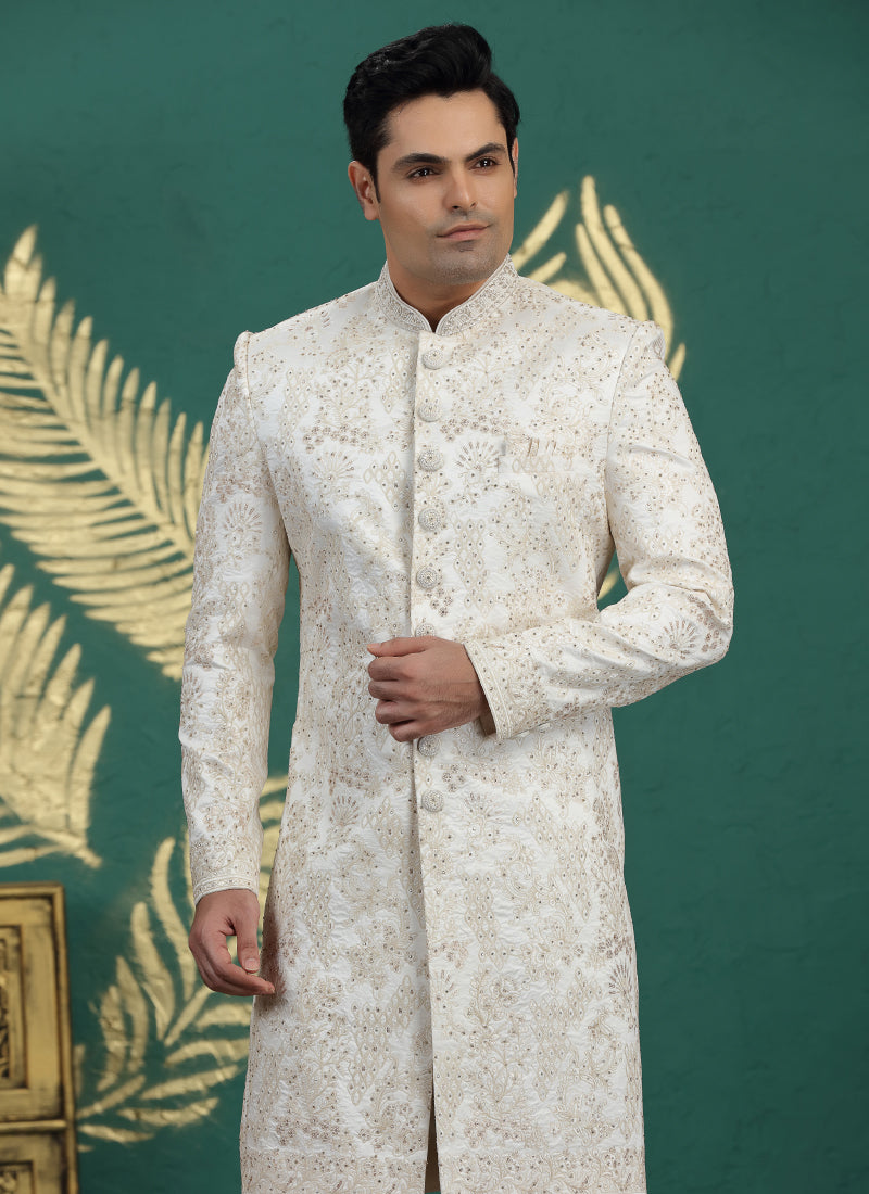 Art Silk White Wedding Wear Hand Embroidery Readymade Groom Sherwani 386000