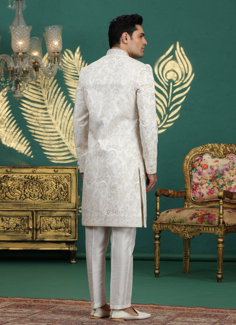 Art Silk White Wedding Wear Hand Embroidery Readymade Groom Sherwani 386000