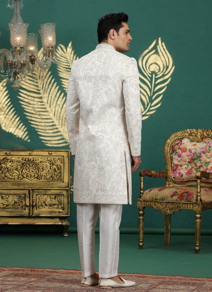 Art Silk White Wedding Wear Hand Embroidery Readymade Groom Sherwani 386000
