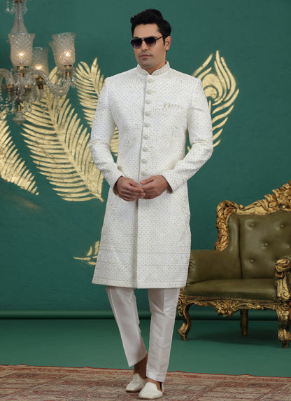 Art Silk White Wedding Wear Hand Embroidery Readymade Groom Sherwani 386001