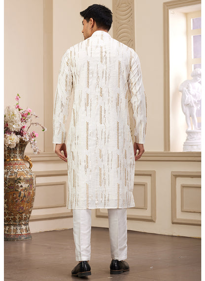 Trendy White Art Silk Festive Kurta Pajama with Shimmering Sequins
