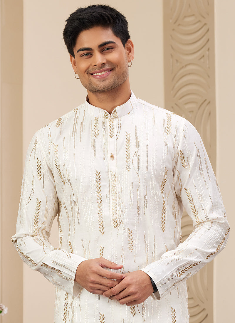 Trendy White Art Silk Festive Kurta Pajama with Shimmering Sequins