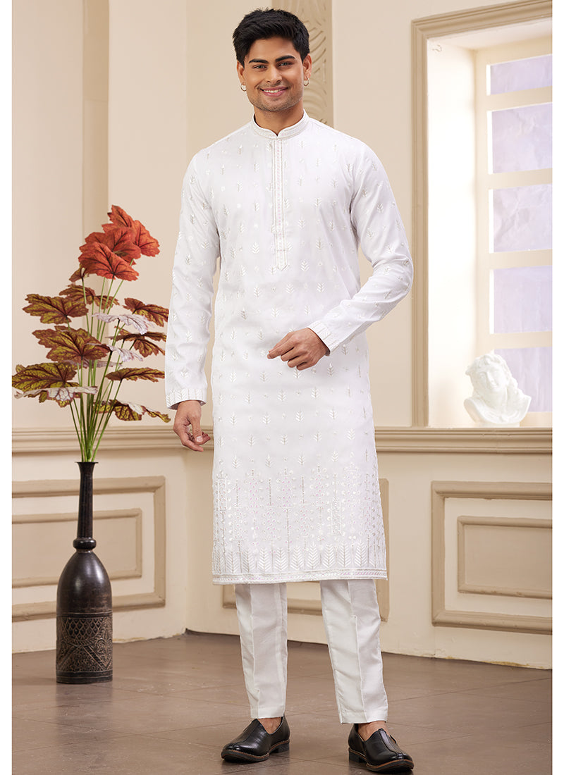 Art Silk White Festive Wear Stylish Sequin Work Kurta Pajama