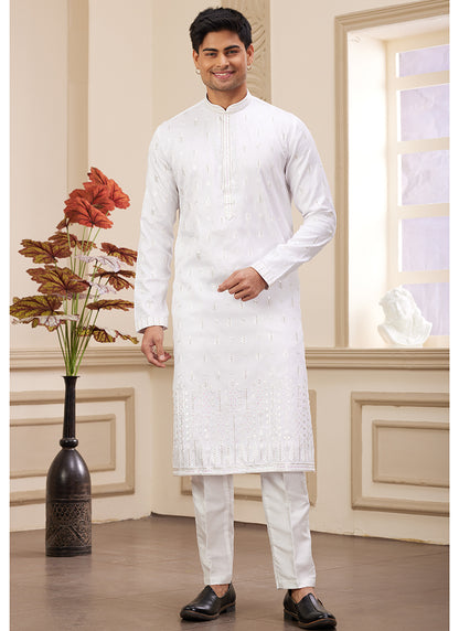 Art Silk White Festive Wear Stylish Sequin Work Kurta Pajama