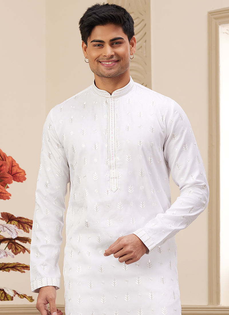 Art Silk White Festive Wear Stylish Sequin Work Kurta Pajama