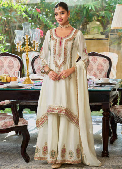 White Chinon Embroidery Work Eid Wear Readymade Plazzo Suit SW192021
