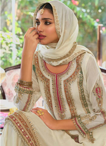 White Chinon Embroidery Work Eid Wear Readymade Plazzo Suit SW192021