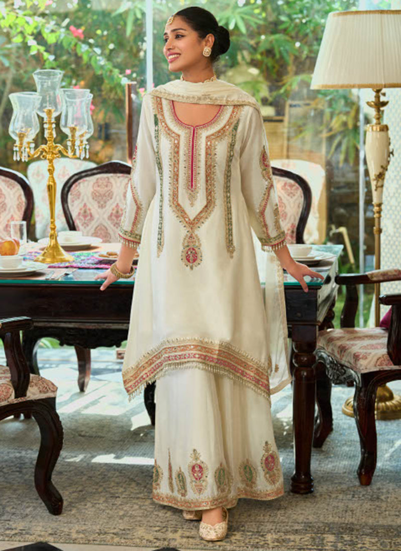 White Chinon Embroidery Work Eid Wear Readymade Plazzo Suit SW192021