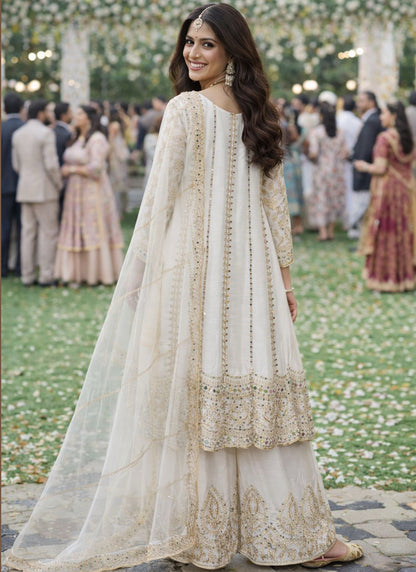 White Chinon Embroidery Work Eid Wear Readymade Plazzo Suit SW968840