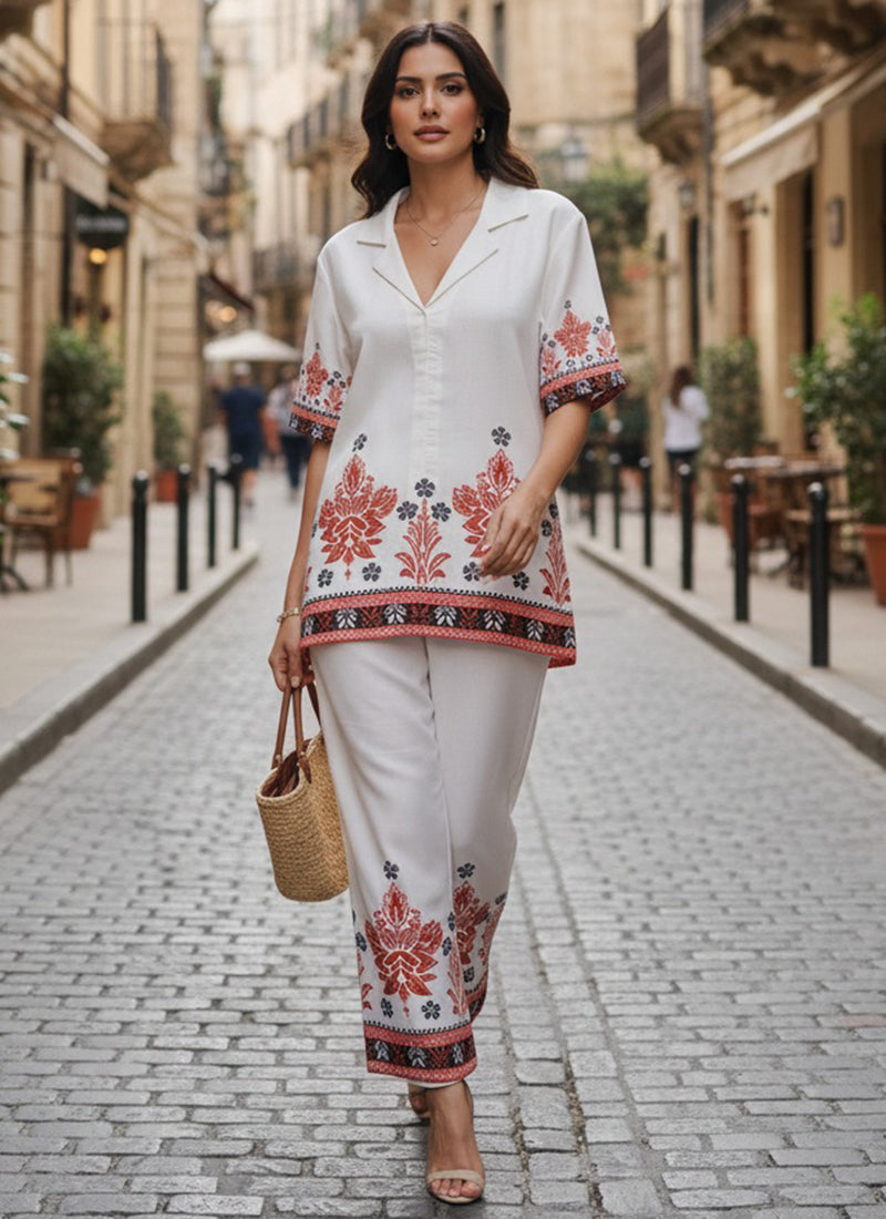 Cotton White Casual Wear Printed Work Readymade Cord Set 388669