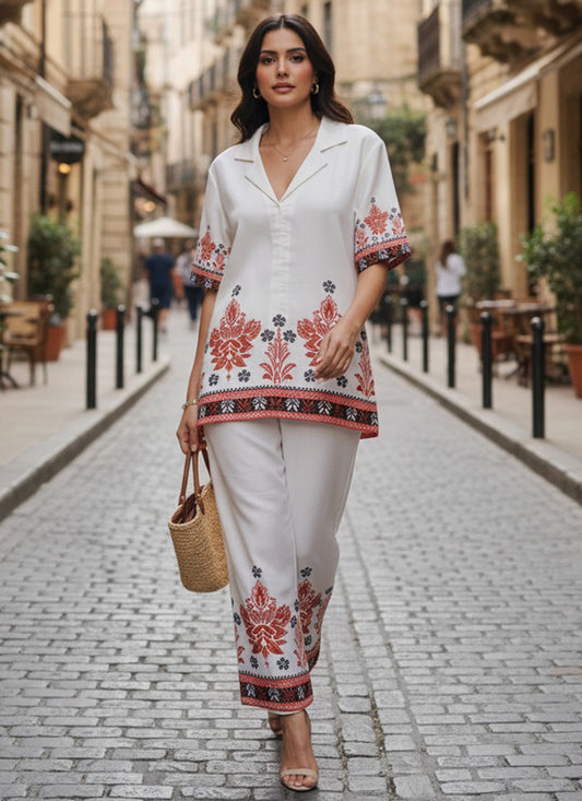 Cotton White Casual Wear Printed Work Readymade Cord Set 388669