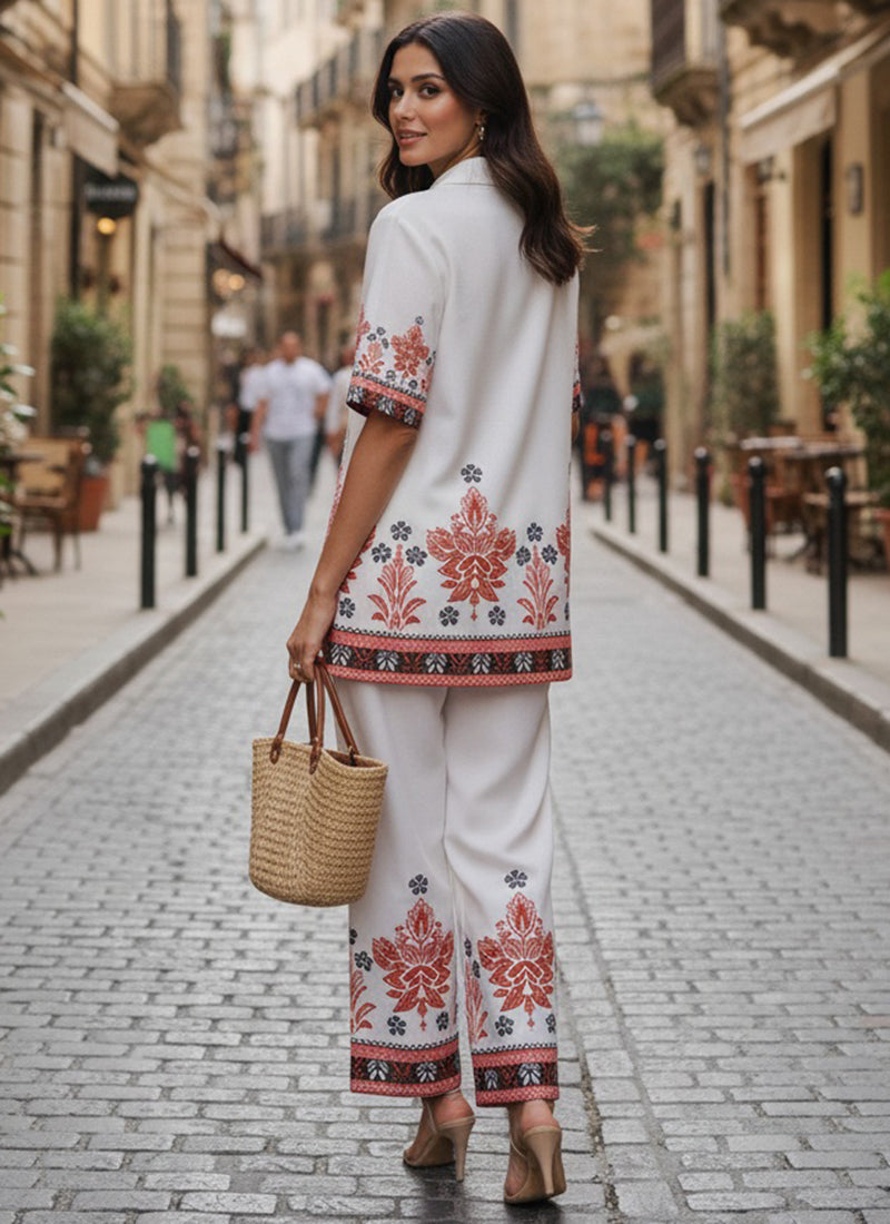 Cotton White Casual Wear Printed Work Readymade Cord Set 388669