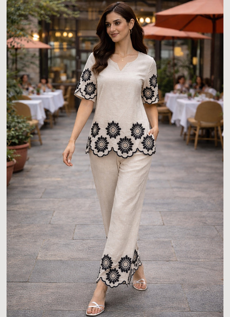 White Cotton Stitch Work Daily Wear Readymade Cord Set SW485160