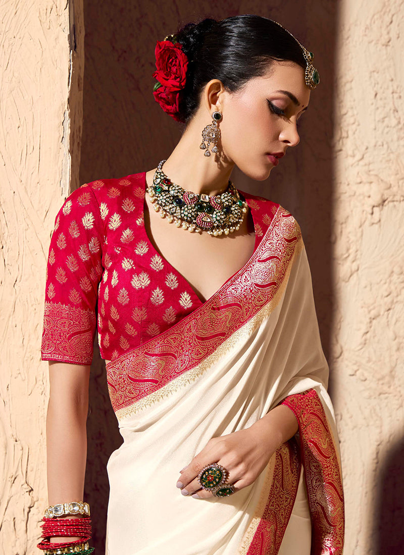 Crepe Georgette White Party Wear Weaving Work Saree 386527