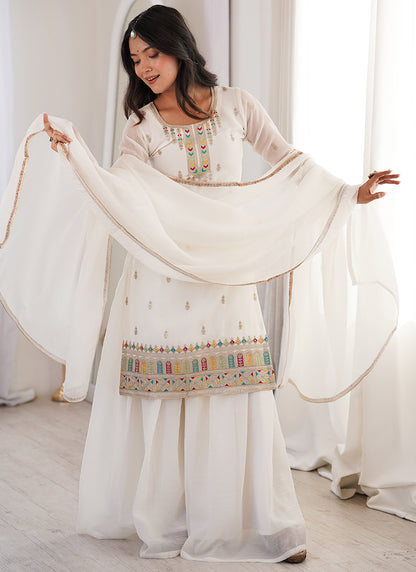 White Crunchy Silk Sequins Work  Occasional Wear Readymade Plazzo Suit SW507397