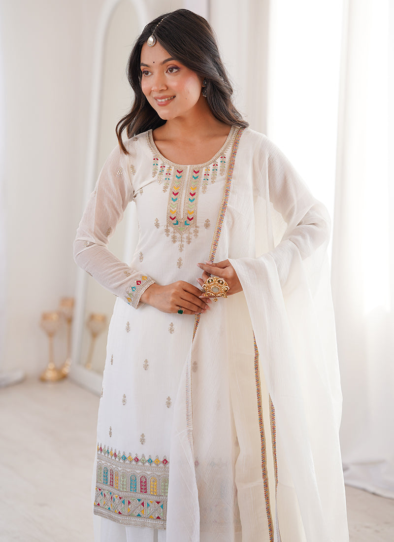 White Crunchy Silk Sequins Work  Occasional Wear Readymade Plazzo Suit SW507397