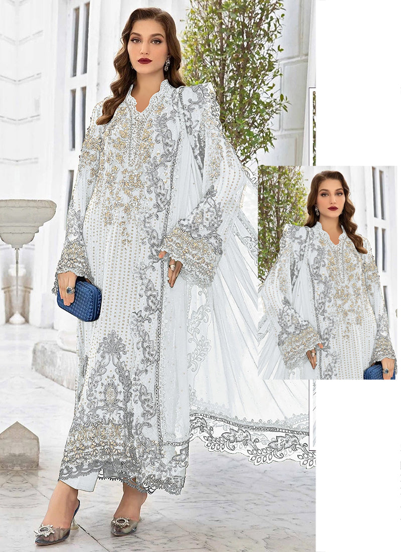 Faux Georgette White Eid Wear Embroidery Work Pakistani Suit 387811