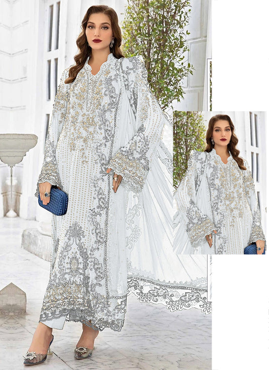 Faux Georgette White Eid Wear Embroidery Work Pakistani Suit 387811