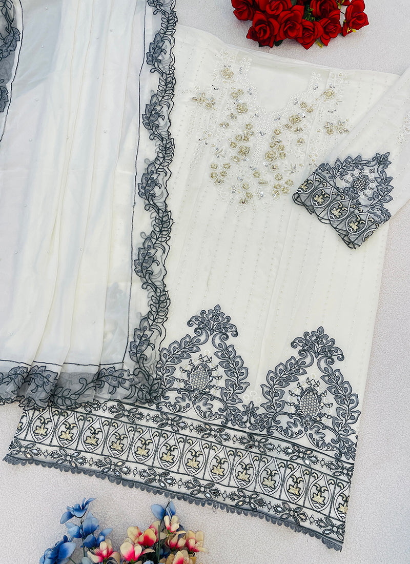 Faux Georgette White Eid Wear Embroidery Work Pakistani Suit 387811