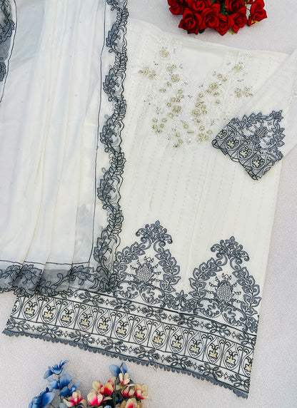 Faux Georgette White Eid Wear Embroidery Work Pakistani Suit 387811