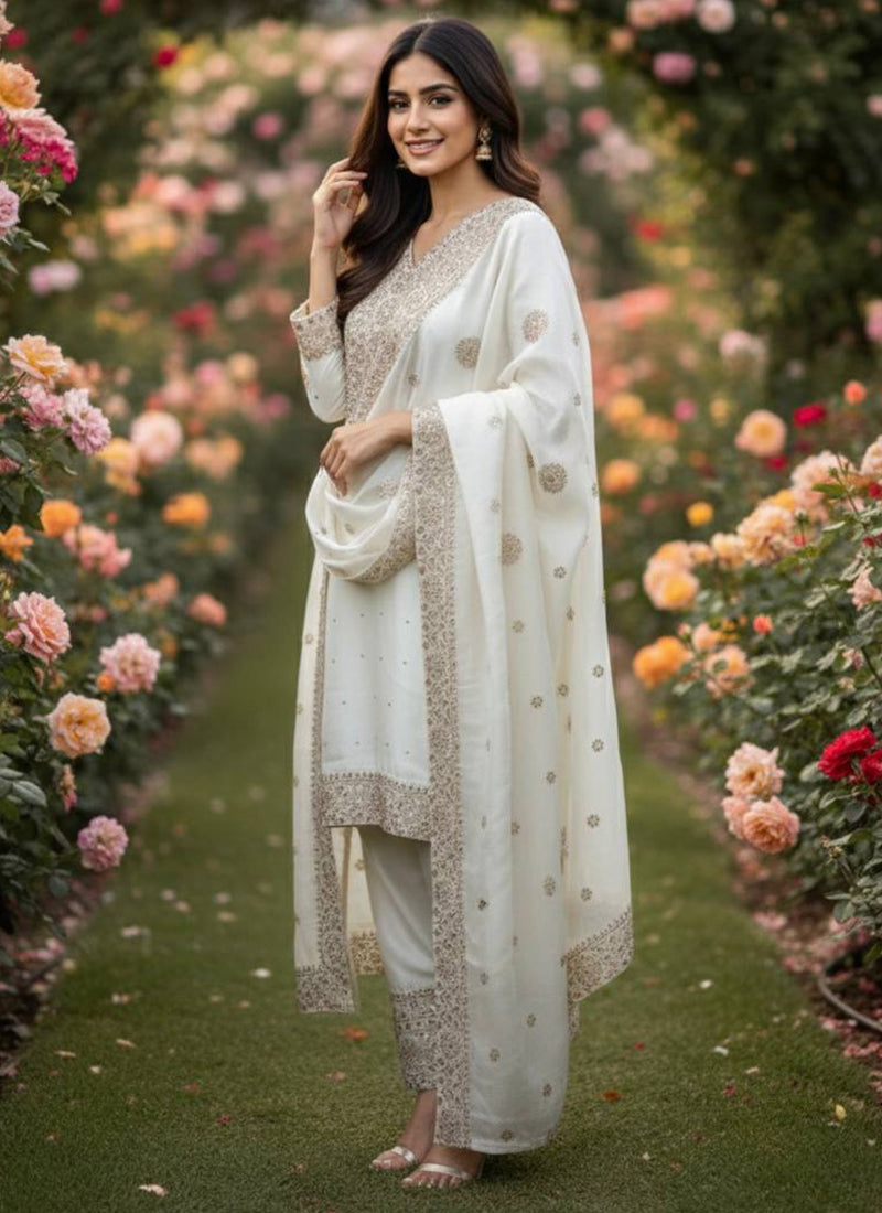 White Fendy Silk Embroidery Work Occasional Wear Readymade Plazzo Suit SW831807