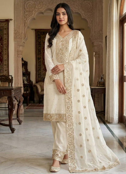 White Fendy Silk Embroidery Work Occasional Wear Readymade Plazzo Suit SW831807