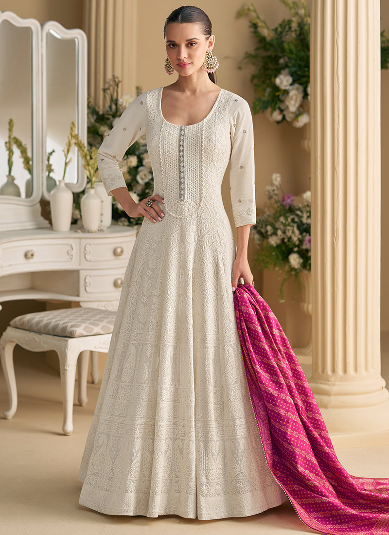 White Georgette Embroidery Work Occasional Wear Readymade Anarkali Suits SW510626