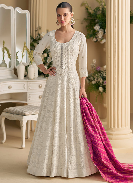 White Georgette Embroidery Work Occasional Wear Readymade Anarkali Suits SW510626