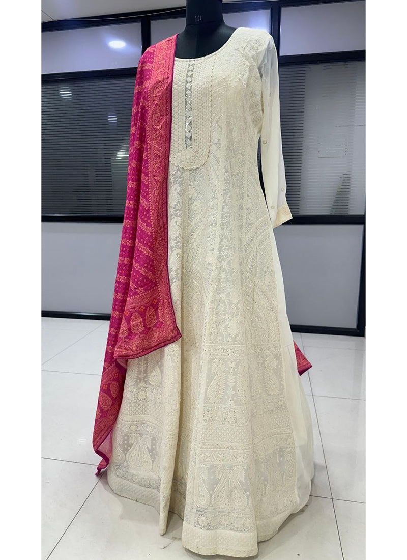 White Georgette Embroidery Work Occasional Wear Readymade Anarkali Suits SW510626