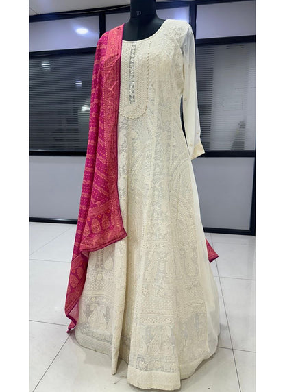 White Georgette Embroidery Work Occasional Wear Readymade Anarkali Suits SW510626