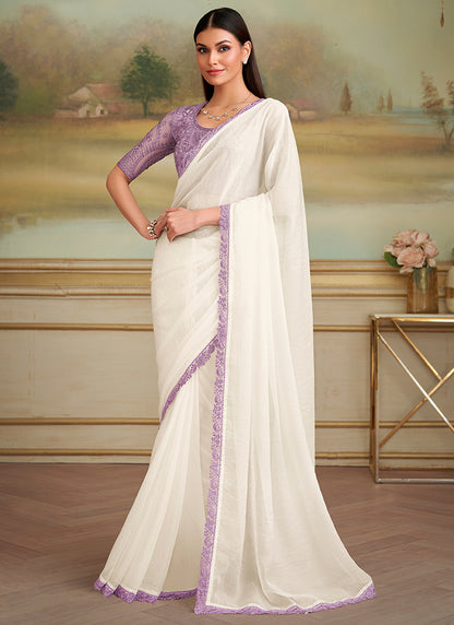 Georgette White Party Wear Embroidery Work Saree 386388