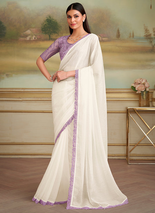 Georgette White Party Wear Embroidery Work Saree 386388