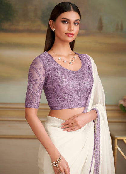 Georgette White Party Wear Embroidery Work Saree 386388