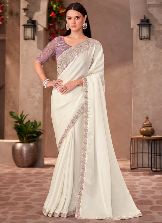 Georgette White Saree with Linen Work for Bridal Wear 380648