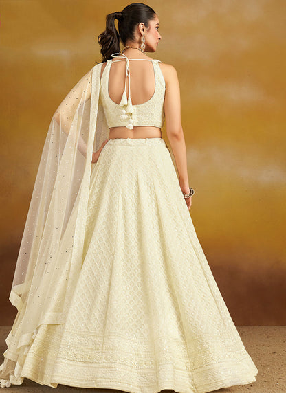Georgette White Wedding Wear Thread Embroidery Work Lehenga Choli 385598