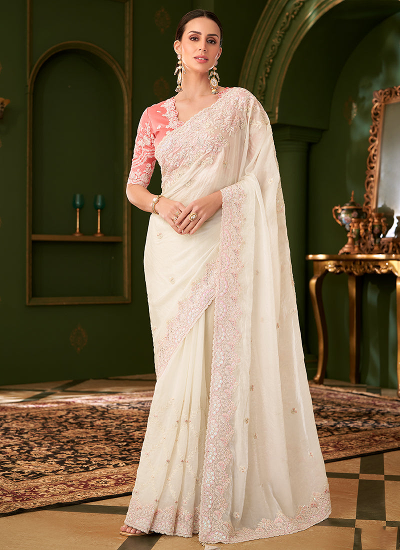 Georgette Silk White Wedding Wear Zari Embroidery Work Saree 386649