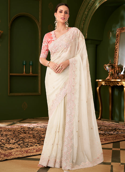 Georgette Silk White Wedding Wear Zari Embroidery Work Saree 386649