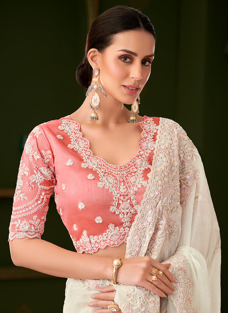 Georgette Silk White Wedding Wear Zari Embroidery Work Saree 386649