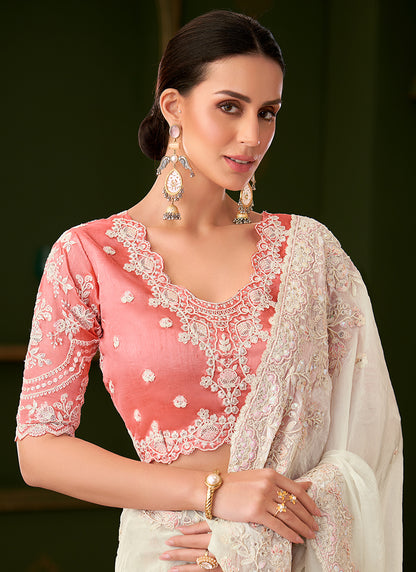 Georgette Silk White Wedding Wear Zari Embroidery Work Saree 386649