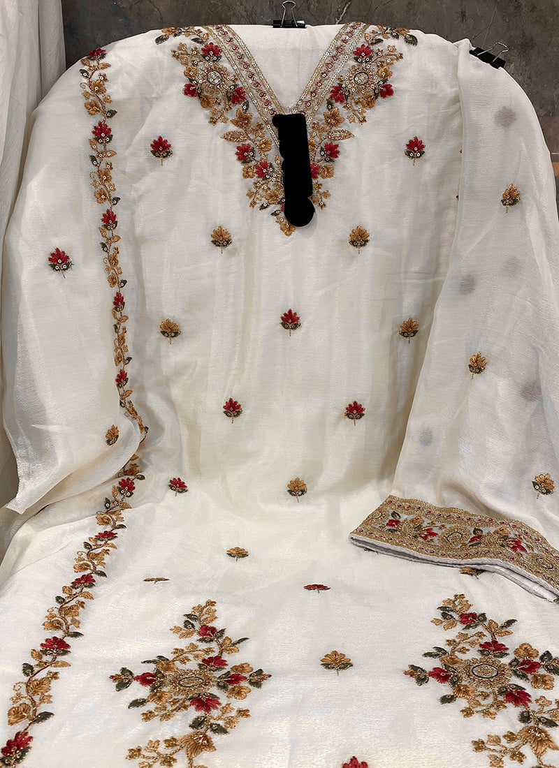 Heavy Chinon White Eid Wear Embroidery Work Pakistani Suit 387293